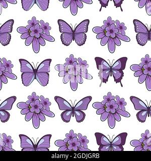 Motif sans couture avec fleurs de lavande et papillons. Objets vectoriels isolés sur fond blanc. Illustration de Vecteur