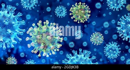 Variante Covid comme le delta ou les variantes lambda le concept de virus mutant et le nouveau coronavirus b.1.1.7 éclosion ou mutation de cellules virales covid-19. Banque D'Images