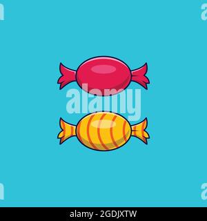 illustration de bonbons avec emballage rouge et jaune sur fond bleu, illustration vectorielle de bonbons isolée Illustration de Vecteur