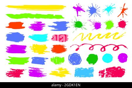 Ensemble de pinceaux, points de gringe, éclaboussures avec gouttes, boucles, rayures, pinceaux, taches et taches de couleurs pastel douces. Formes abstraites carrées, rondes, irrégulières, vectorielles. Éléments de conception de pinceau Illustration de Vecteur