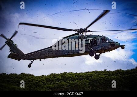 210803-N-MO469-1025 SANTA RITA, Guam (août 3, 2021) équipage affecté au terrain HSC-25 a MH-60S sur un prototype de terrain d'atterrissage construit par des Seabees affectés au bataillon de construction mobile navale (NMCB) 11 DET. Guam. Le palier d'atterrissage a été construit tout en soutenant le MEF III à l'aide d'un système d'application de biociation développé par bioMASON avec l'appui de l'Agence des projets de recherche avancée de la Défense. Le système d'application de biociation est conçu pour être utilisé dans des positions de fonctionnement avant sur des surfaces non techniques indigènes afin de renforcer le sol, de promouvoir le contrôle de l'érosion et d'augmenter l'expedi de réduction de la poussière Banque D'Images