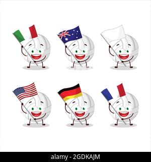 Le personnage de dessin animé de volleyball blanc apporte les drapeaux de divers pays. Illustration vectorielle Illustration de Vecteur