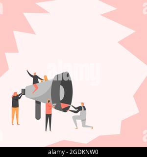 Quatre collègues effectuant des inspections à l'aide d'une grande mégaphone faisant la promotion de la coopération d'équipe. Coéquipiers faisant fonctionner un grand périphérique audio Bullhorn montrant le groupe Illustration de Vecteur
