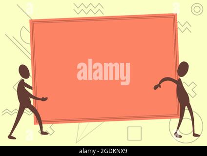 Deux collègues dessin debout portant un grand tableau blanc Unity Partnership. Coéquipiers Design porte un papier vide de grande taille montrant la coopération en matière de travail d'équipe. Illustration de Vecteur