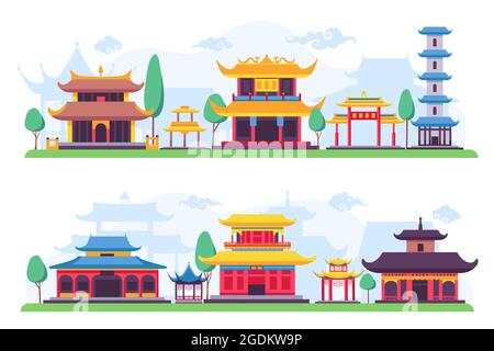 Quartier chinois plat ou paysage de rue de la ville chinoise antique. Anciens bâtiments, maisons, temples et pagode asiatiques. Dessin animé ville ville vecteur scène Illustration de Vecteur