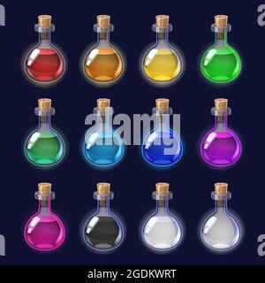 Set bouteilles potion liquide magie élixir coloré . Interface graphique de l'icône de jeu pour l'interface utilisateur des jeux d'applications. Illustration vectorielle Illustration de Vecteur
