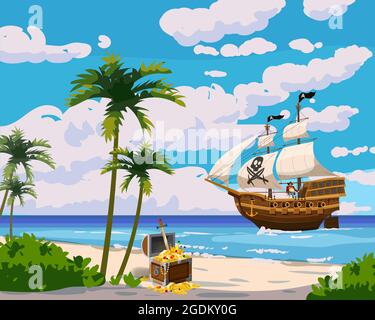 Tropical Island Pirate navire sous la voile dans l'océan, Trésor de la triche, tropical, palmiers. Paysage de mer côte, plage, sable, aventure, jeu. Vecteur Illustration de Vecteur