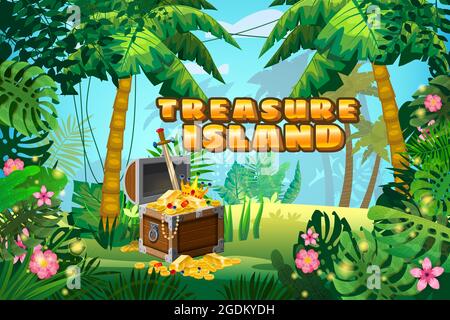 Treasure Island Pirate coffre rempli de pièces d'or pierres précieuses épée de couronne. Jungle forêt tropicale palmiers différentes plantes exotiques feuilles, fleurs, lianas, flore Illustration de Vecteur