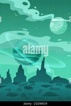 Fantastique concept espace dessin animé fond de jeu. Fantastique paysage de planète extraterrestre de science-fiction pour une conception de niveau de jeu d'arcade spatiale. Vecteur isolé Illustration de Vecteur