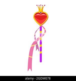 Baguette magique. Accessoire magique en forme de coeur, décoré de diamants, d'une couronne, de pierres précieuses. Vecteur, illustration, style de dessin animé, isolé Illustration de Vecteur