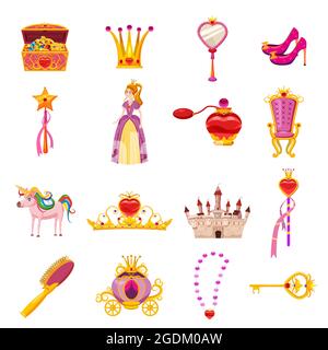 Définir les éléments et les attributs du design Princess World. Château, miroir, trône, chariot, chaussures, brosse à cheveux, baguette magique, coffre au trésor, tiara, parfum Illustration de Vecteur