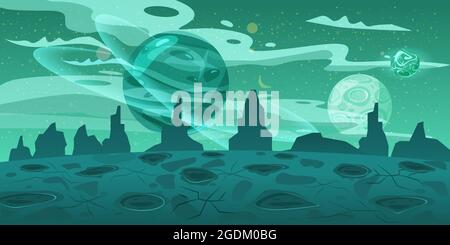 Fond de concept de jeu de dessin animé d'espace fantaisie. Paysage de planète extraterrestre de science-fiction amusant pour une conception de niveau de jeu d'arcade d'espace. Vecteur isolé Illustration de Vecteur