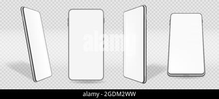 Maquette de téléphone mobile, smartphone avec écran blanc. Smartphones réalistes en mode maquette en perspective sur un ensemble vectoriel d'arrière-plan transparent. Périphérique ou gadget intelligent pour la communication Illustration de Vecteur