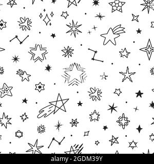 Motif étoiles dessinés à la main, joli motif sans couture en forme d'étoile. Dessins sketch, tissu textile ou papier peint imprimé vector texture. Corps célestes étincelants et constellation Illustration de Vecteur