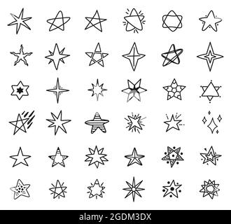 Des étoiles dandinent des dessins, des esquisses d'étoiles dessinées à la main. Éléments simples mignons étoiles, sparkles ou starburst pour enfants textile ou motifs ensemble vectoriel. Contours d'objets cosmiques de formes différentes Illustration de Vecteur