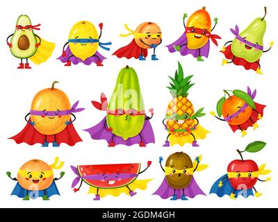 Personnages drôles de fruits. Orange frais, pomme, avocat, citron avec visages mignons dans les masques. Dessin animé fruits en superhéros ensembles vecteur portant le cap et les gants. Fruit fantastique avec des émotions Illustration de Vecteur