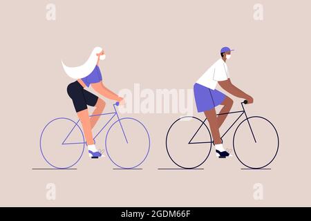 Couple interracial heureux dans les masques médicaux à vélo. Transport urbain écologique. Mode de vie post-quarantaine. Illustration vectorielle de style plat activée Illustration de Vecteur