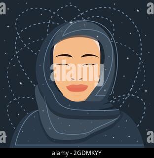 Portrait d'une jeune femme musulmane mystique dans le hijab à Cosmos. Illustration vectorielle. Portrait spatial. Arrière-plan étoilé. Personnage féminin avec œil fermé Illustration de Vecteur