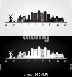 Silhouette des gratte-ciel et des monuments d'Amsterdam, design noir et blanc, illustration vectorielle. Illustration de Vecteur