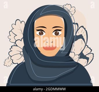 Portrait d'une jeune femme musulmane dans le hijab. Illustration vectorielle. Fleurs sur fond. Illustration de Vecteur