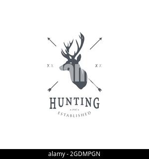 Modèle de logo de chasse. Tête de cerf et corne Silhouette isolée sur fond blanc. Objet vectoriel pour les étiquettes, les badges, les logos et autres conceptions. Illustration de Vecteur