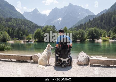 Homme handicapé en fauteuil roulant avec son chien en voyage dans la nature. Banque D'Images
