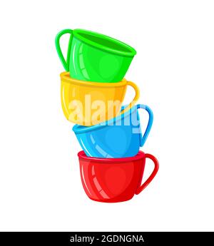 Pile de tasses à café colorées isolées sur fond blanc. Pile de mugs de différentes couleurs. Tasses à thé ou à café vides en porcelaine dans une tour. Vecteur Illustration de Vecteur