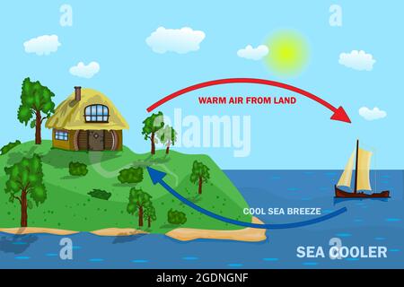 Affiche scientifique pour la brise marine et terrestre. Diagramme de circulation d'air chaud et froid thermique.diagramme montrant la circulation vent thermique et froid.vecteur Illustration de Vecteur