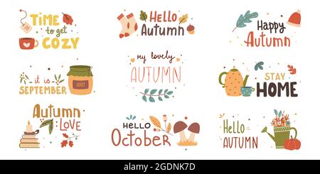 Phrases automnales avec adorable et douillet éléments de design décoratif ensemble. Collection d'inscription d'automne isolée. Illustration vectorielle Illustration de Vecteur