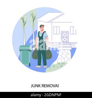 Bannière de service de suppression de courrier indésirable avec sacs à ordures de transport de récupération, vecteur plat. Illustration de Vecteur