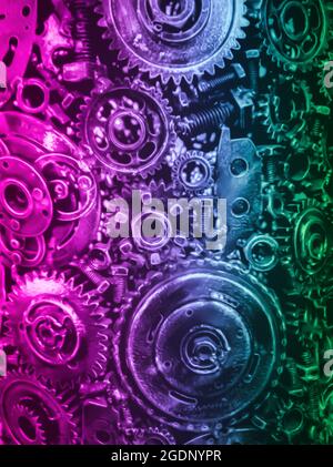 Contexte technologique, moderne, mécanisme. Aucun foyer, néon, arrière-plan industriel avec différents types d'engrenages et de mécanismes métalliques. Abstrait, machin Banque D'Images