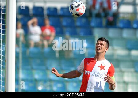 Mlada Boleslav, République tchèque. 14 août 2021. Le capitaine de Slavia ONDREJ KUDELA lors d'un match de football entre FK Mlada Boleslav et SK Slavia Praha dans le stade de la ville de Mlada Boleslav en République tchèque. (Credit image: © Slavek Ruta/ZUMA Press Wire) Banque D'Images