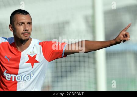 Mlada Boleslav, République tchèque. 14 août 2021. Célébration IVAN SCHRANZ de Slavia 0-2 but lors d'un match de football entre FK Mlada Boleslav et SK Slavia Praha dans le stade de la ville de Mlada Boleslav en République tchèque. (Credit image: © Slavek Ruta/ZUMA Press Wire) Banque D'Images