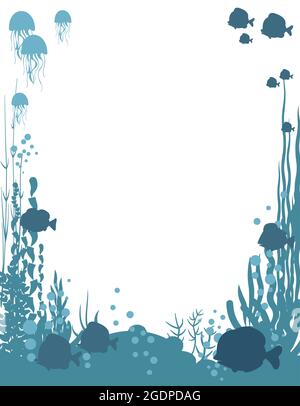 Cadre. Fond du réservoir avec du poisson. Silhouette. Eau bleue. Océan de mer. Paysage sous-marin avec des animaux, des plantes, des algues et des coraux. Illustration Illustration de Vecteur