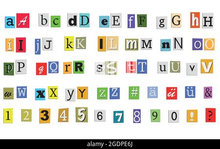 jeu de lettres et de chiffres, découpe de journaux à alphabet coloré Banque D'Images