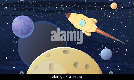 Arrière-plan COSMOS. Les planètes, leurs satellites et la fusée. Paysage de ciel étoilé. Couleurs sombres. Style plat. Dessin animé. Vecteur Illustration de Vecteur