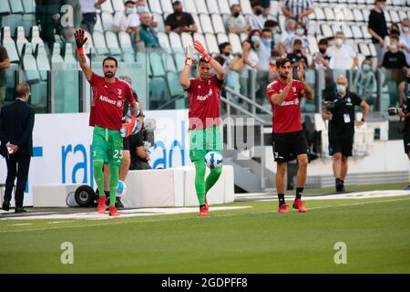 Wojciech Szczesny (Juventus FC), jCarlo Pinoglio (Juventus FC) et Mattia Perin (Juventus FC) lors du match de football pré-saison entre Juventus FC et Atalanta BC le 14 août 2021 au stade Allianz de Turin, Italie - photo Nderim Kaceli / DPPI Banque D'Images