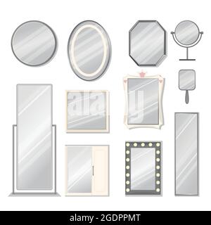 Ensemble de miroirs vectoriels de différents modèles. Miroir réfléchissant dans le cadre argenté, bébé, table, miroirs de bain. Décoration intérieure, vecteur Illustration de Vecteur