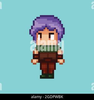 Pixel art style anime personnage fantaisie dans un ensemble en cuir marron et cape verte Illustration de Vecteur