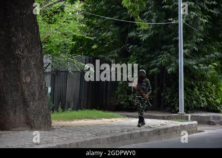 Srinagar, Inde. 14 août 2021. Un soldat paramilitaire patrouille avant le jour de l'indépendance de l'Inde à Srinagar. Comme l'Inde célèbre son 75e jour de l'indépendance le 15 août 2021, la sécurité a été renforcée au Cachemire, car les forces ont recours à la « surveillance technique », y compris l'utilisation de drones pour surveiller la situation. (Photo de Saqib Majeed/SOPA Images/Sipa USA) crédit: SIPA USA/Alay Live News Banque D'Images