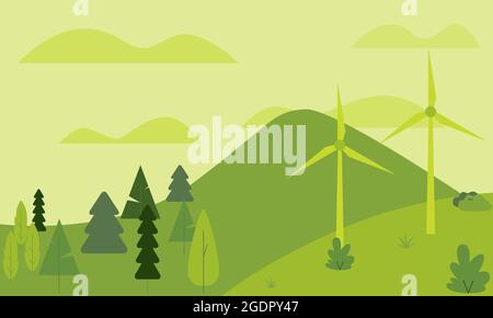 Ce vecteur montre une nature verte vue avec des collines et des montagnes. Il y a une forêt avec des arbres. Il y a deux éoliennes parmi quelques arbustes et plantes Illustration de Vecteur