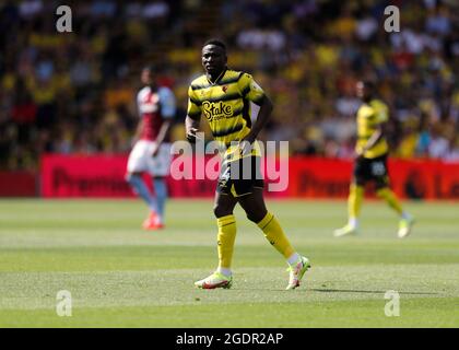 14 août 2021 ; Stade Vicarage Road, Watford, Herts, Angleterre ; Premier League football, Watford contre Aston Villa; Oghenekaro Etebo de Watford Banque D'Images