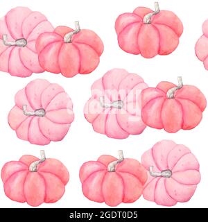 Aquarelle dessinée à la main motif sans couture de citrouilles douces roses pastel d'automne avec des feuilles et des fleurs grises. Cartes de douche pour bébés, invitation, motif Halloween, imprimés Thanksgiving. Jolie peinture kawaii pour filles Banque D'Images