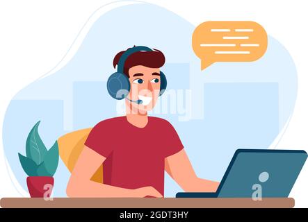 Homme avec casque et microphone avec ordinateur portable. Spécialiste du centre d'appels Vector illustration. Concept d'assistance, d'assistance, de centre d'appels. En arrière-plan est une ville abstraite, le style plat Illustration de Vecteur