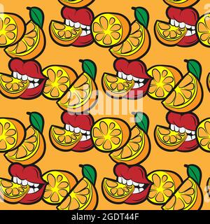 motif transparent de tranches d'oranges piquant des lèvres sur une image vectorielle d'arrière-plan orange Illustration de Vecteur