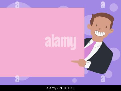 Happy Man in suit dessin tenant debout pointant papier blanc Tableau montrant un nouveau message. Joyeux homme d'affaires points doigt sur le volet de message vide. Illustration de Vecteur