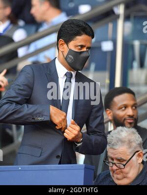 Nasser Al-Khelaifi, président du Qatari de Paris Saint-Germain, assiste à la cérémonie de présentation des nouveaux joueurs avant le match français de football L1 entre Paris Saint-Germain et le Racing Club Strasbourg au stade du Parc des Princes à Paris le 14 août 2021. Photo de Christian Liewig/ABACAPRESS.COM Banque D'Images