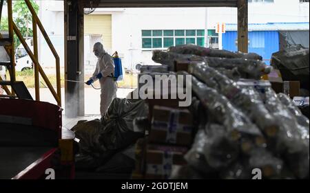 Haikou, province chinoise de Hainan. 15 août 2021. Un membre du personnel désinfecte un entrepôt dans un centre de transport de livraison à Haikou, dans la province de Hainan, au sud de la Chine, le 15 août 2021. Credit: Yang Guanyu/Xinhua/Alamy Live News Banque D'Images