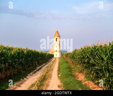 Pusztatorony près du village de Somogyvamos en Hongrie. Spectaculaire ruine du temple médiéval. Célèbre attraction touristique près du lac Balaton. Banque D'Images