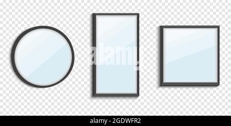 Ensemble de miroirs de différentes formes isolées. Cadre de rétroviseur, modèle de rétroviseurs. Design pour meubles d'intérieur. Surfaces en verre réfléchissant isolées. Illustration de Vecteur